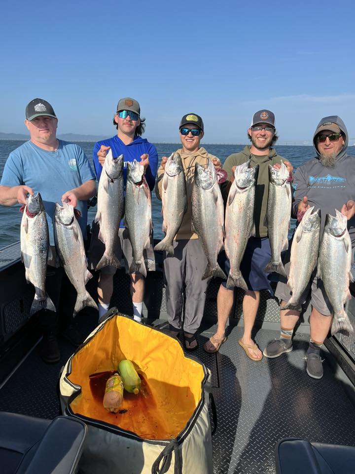 Five anglers with five Columbia River salmon caught on the Tater Tot at Buoy 10